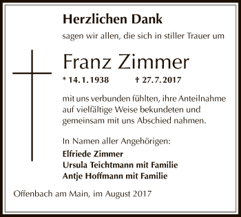 Traueranzeige von Franz Zimmer von Offenbach