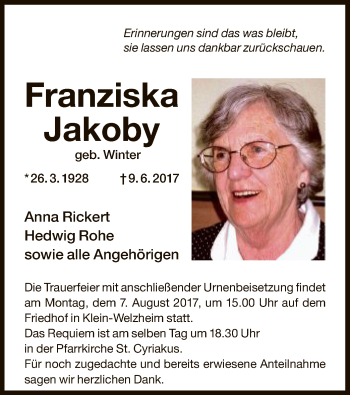 Traueranzeige von Franziska Jakoby von Offenbach