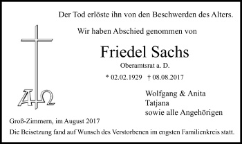 Traueranzeige von Friedel Sachs von Offenbach