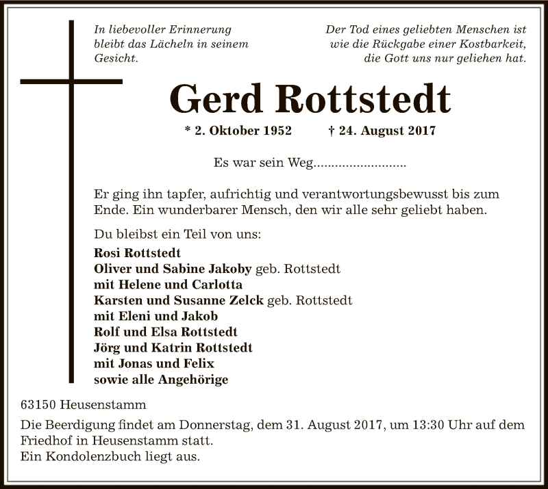  Traueranzeige für Gerd Rottstedt vom 30.08.2017 aus Offenbach