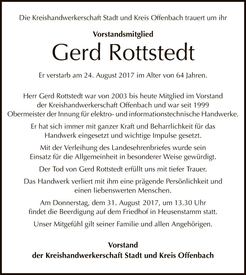  Traueranzeige für Gerd Rottstedt vom 29.08.2017 aus Offenbach