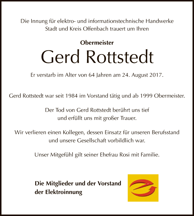 Traueranzeige für Gerd Rottstedt vom 29.08.2017 aus Offenbach
