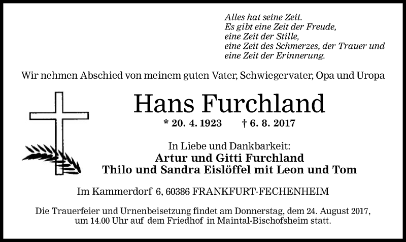  Traueranzeige für Hans Furchland vom 17.08.2017 aus Offenbach