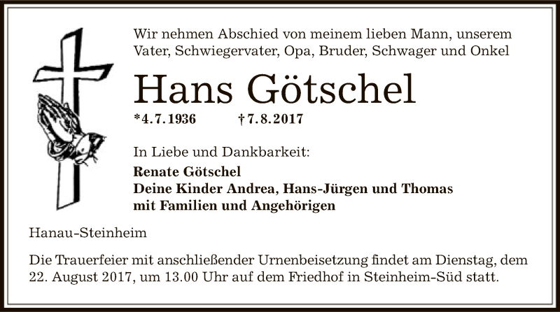  Traueranzeige für Hans Götschel vom 17.08.2017 aus Offenbach