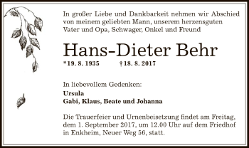 Traueranzeige von Hans Dieter Behr von Offenbach