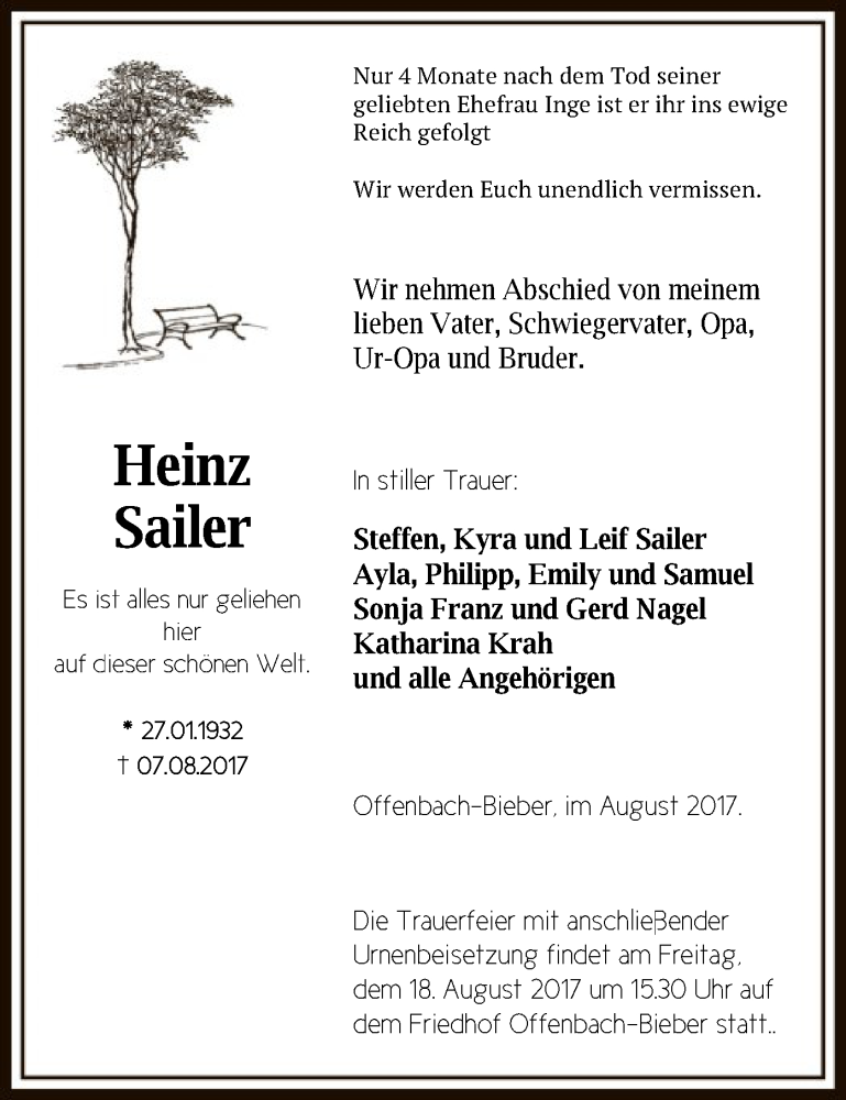  Traueranzeige für Heinz Sailer vom 12.08.2017 aus Offenbach