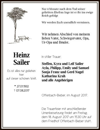 Traueranzeige von Heinz Sailer von Offenbach