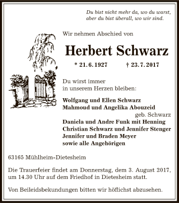 Traueranzeige von Herbert Schwarz von Offenbach