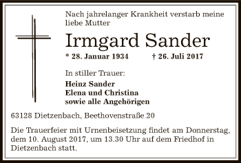 Traueranzeige von Irmgard Sander von Offenbach