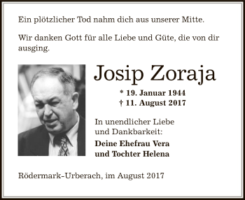 Traueranzeige von Josip Zoraja von Offenbach