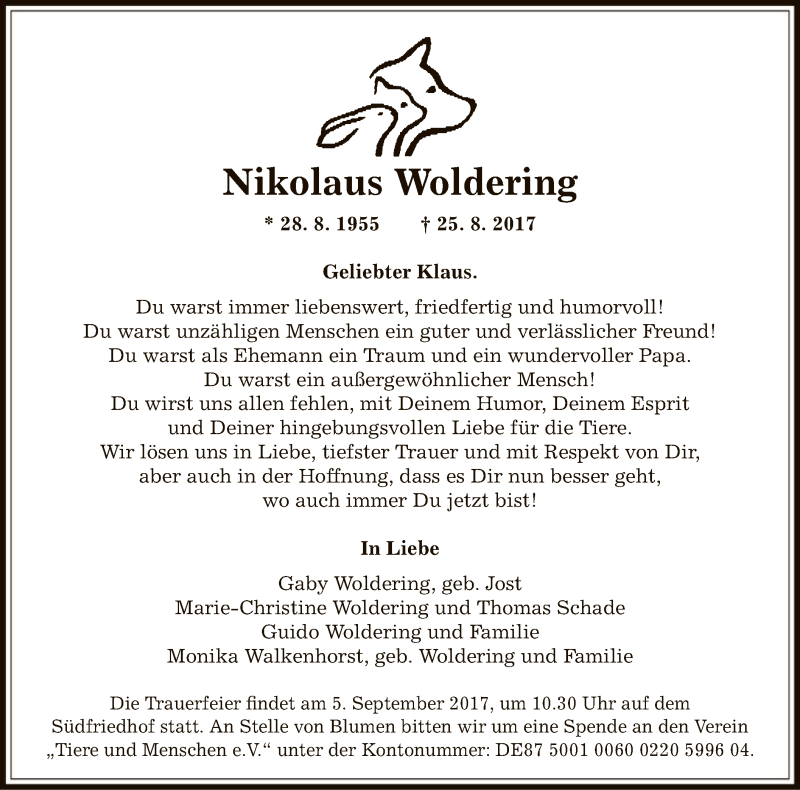  Traueranzeige für Nikolaus Woldering vom 30.08.2017 aus Offenbach