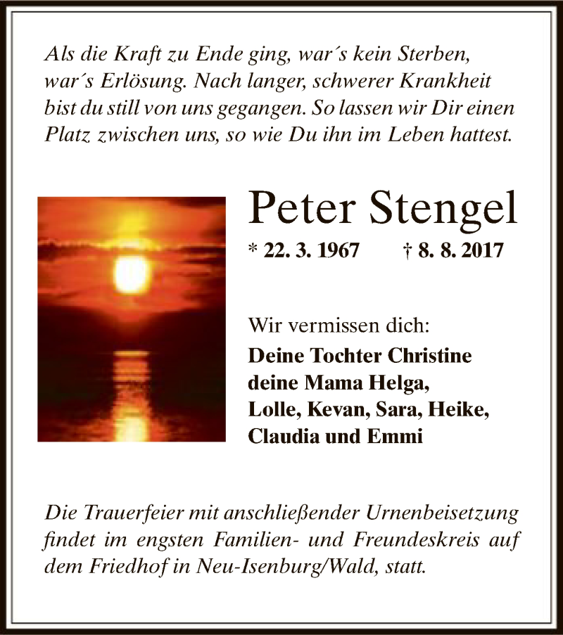  Traueranzeige für Peter Stengel vom 17.08.2017 aus Offenbach