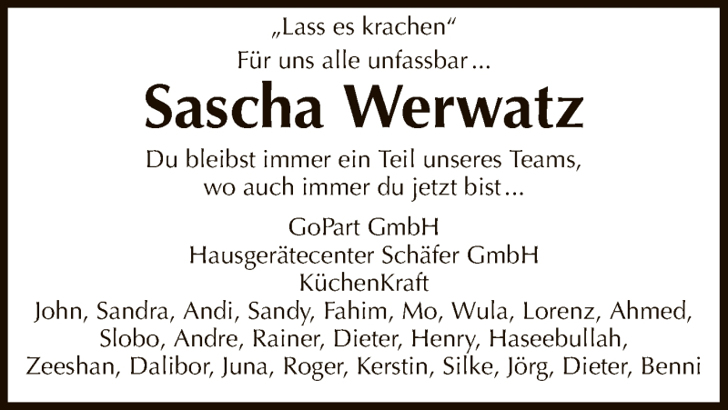  Traueranzeige für Sascha Werwatz vom 12.08.2017 aus Offenbach