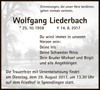 Traueranzeige von Wolfgang Liederbach von Offenbach