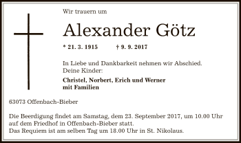 Traueranzeige von Alexander Götz von Offenbach