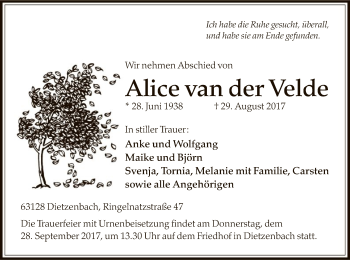 Traueranzeige von Alice van der Velde von Offenbach