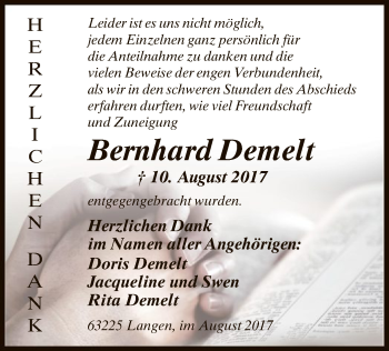 Traueranzeige von Bernhard Demelt von Offenbach