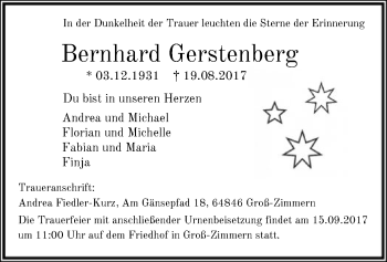 Traueranzeige von Bernhard Gerstenberg von Offenbach