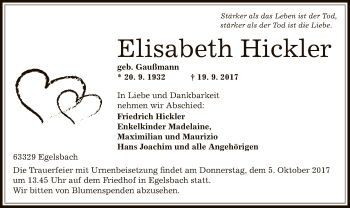 Traueranzeige von Elisabeth Hickler von Offenbach