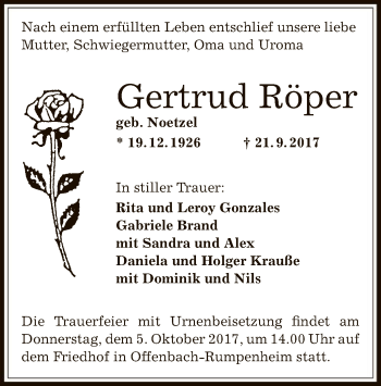 Traueranzeige von Gertrud Röper von Offenbach