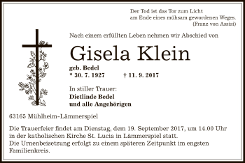 Traueranzeige von Gisela Klein von Offenbach