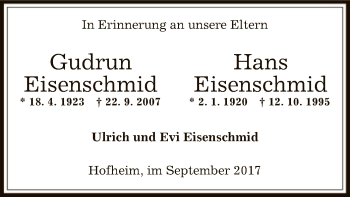 Traueranzeige von Gudrun und Hans Eisenschmid von Offenbach