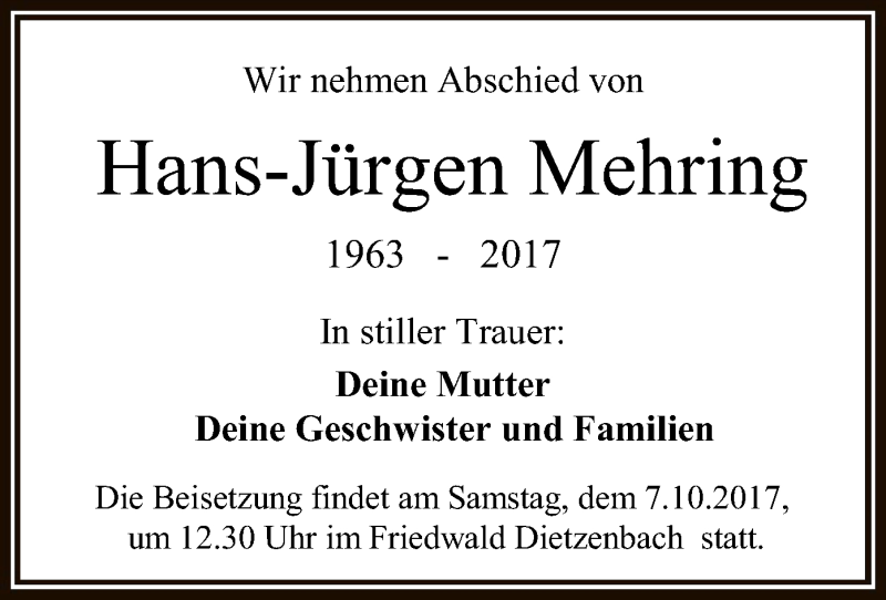  Traueranzeige für Hans-Jürgen Mehring vom 30.09.2017 aus Offenbach