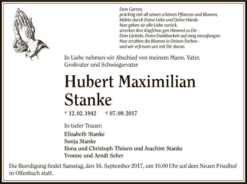  Traueranzeige für Hubert Stanke vom 13.09.2017 aus Offenbach