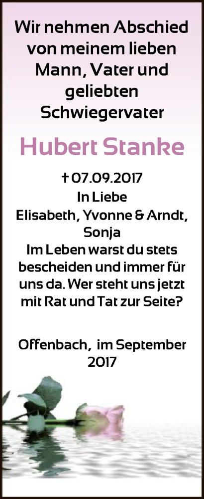  Traueranzeige für Hubert Stanke vom 15.09.2017 aus Offenbach