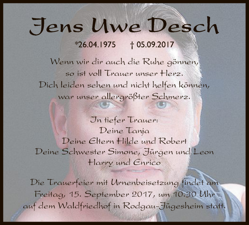  Traueranzeige für Jens Uwe Desch vom 14.09.2017 aus Offenbach