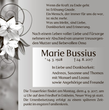 Traueranzeige von Marie Bussius von Offenbach