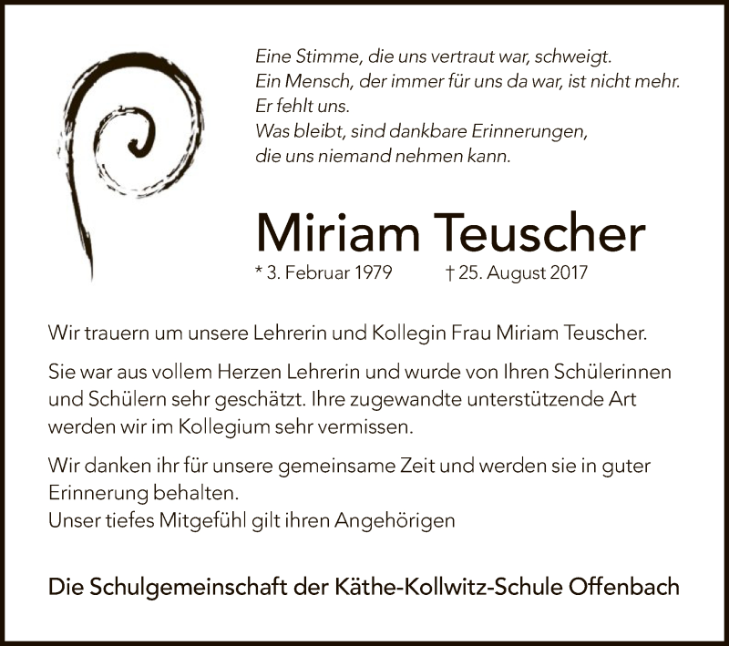  Traueranzeige für Miriam Teuscher vom 02.09.2017 aus Offenbach