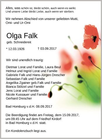 Traueranzeige von Olga Falk von Offenbach