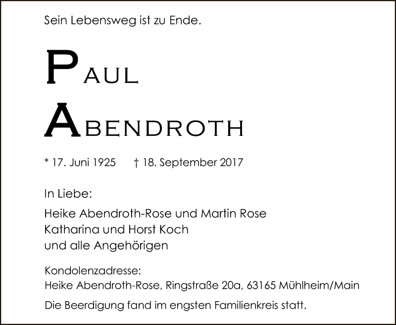  Traueranzeige für Paul Abendroth vom 30.09.2017 aus Offenbach