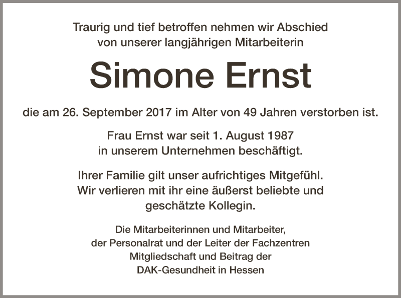  Traueranzeige für Simone Ernst vom 30.09.2017 aus Offenbach