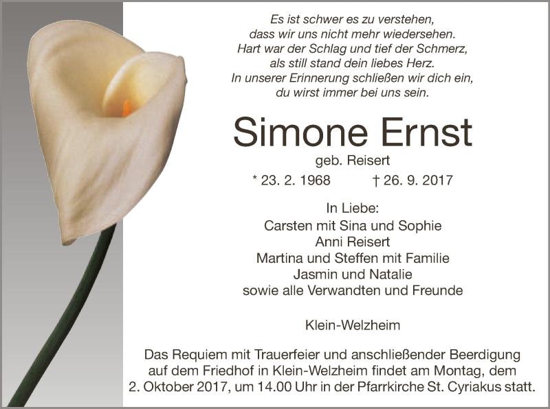  Traueranzeige für Simone Ernst vom 30.09.2017 aus Offenbach