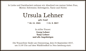 Traueranzeige von Ursula Lehner von Offenbach