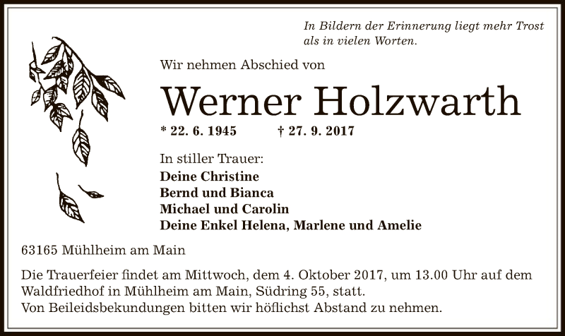  Traueranzeige für Werner Holzwarth vom 30.09.2017 aus Offenbach