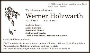 Traueranzeige von Werner Holzwarth von Offenbach