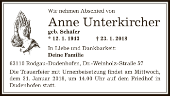Traueranzeige von Anne Unterkircher von Offenbach