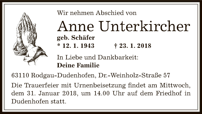  Traueranzeige für Anne Unterkircher vom 27.01.2018 aus Offenbach