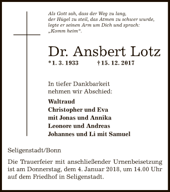 Traueranzeige von Ansbert Lotz von Offenbach