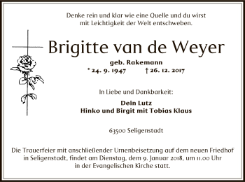 Traueranzeige von Brigitte van de Weyer von Offenbach