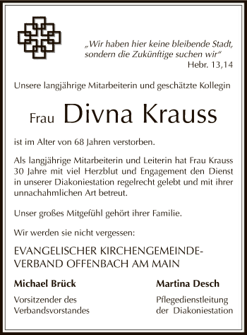 Traueranzeige von Divna Krauss von Offenbach