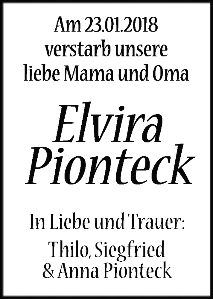  Traueranzeige für Elvira Piontek vom 31.01.2018 aus Offenbach