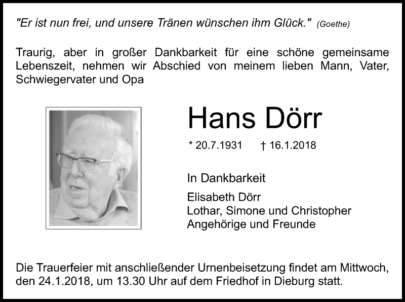  Traueranzeige für Hans Dörr vom 20.01.2018 aus Offenbach