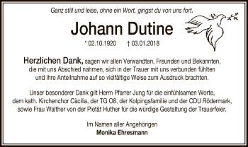 Traueranzeige von Johann Dutine von Offenbach