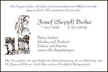 Traueranzeige von Josef Beike von Offenbach