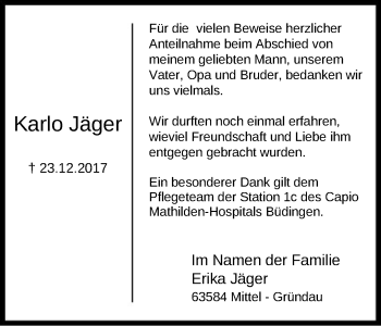 Traueranzeige von Karlo Jäger von Offenbach