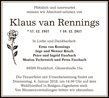 Traueranzeige von Klaus van Rennings von Offenbach